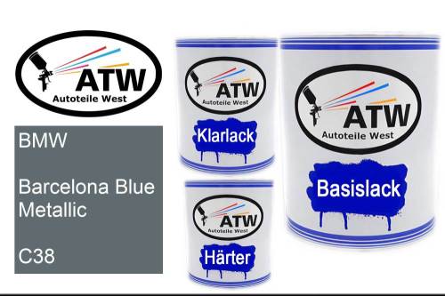 BMW, Barcelona Blue Metallic, C38: 1L Lackdose + 1L Klarlack + 500ml Härter - Set, von ATW Autoteile West.